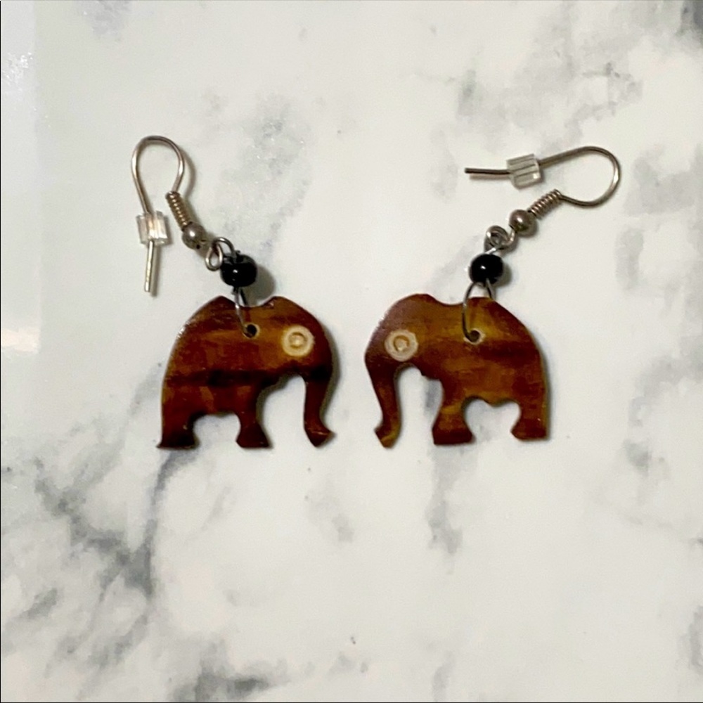 Hand Carved Wooden Elephant Earrings